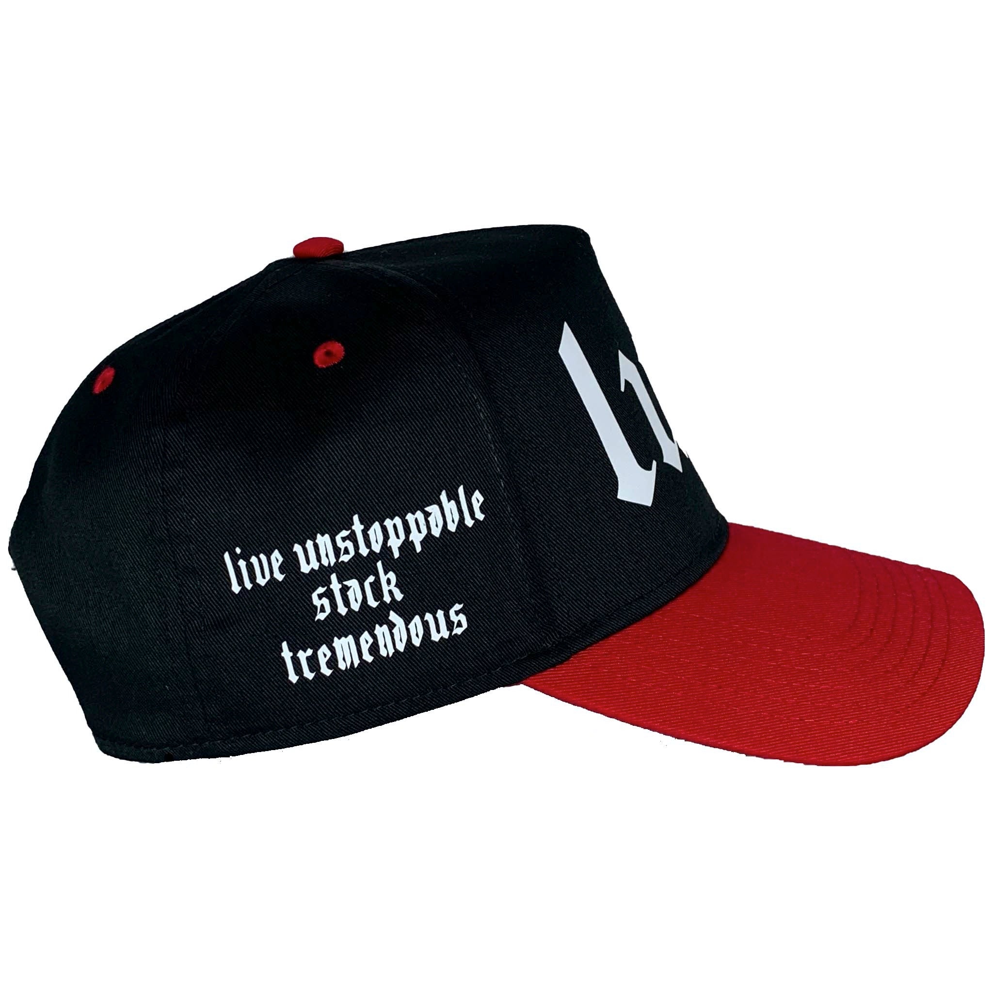 Side of Premium 5-panel baseball-style snapback cap in Black and Red with the White 'LUST' acronym on the side.