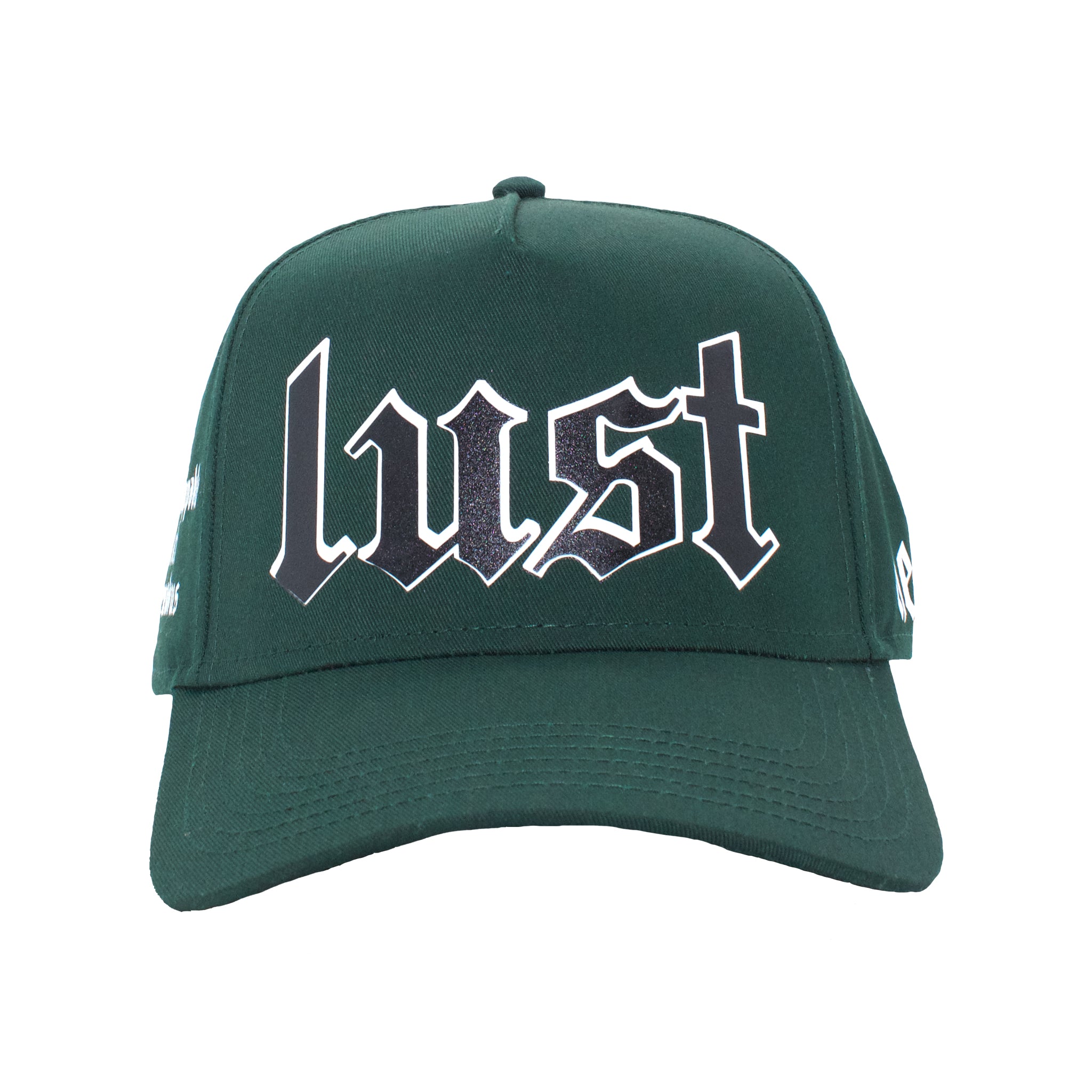 Front of Dark Green premium 5-panel trucker hat with a glow-in-the-dark 'LUST'  logo on the front.
