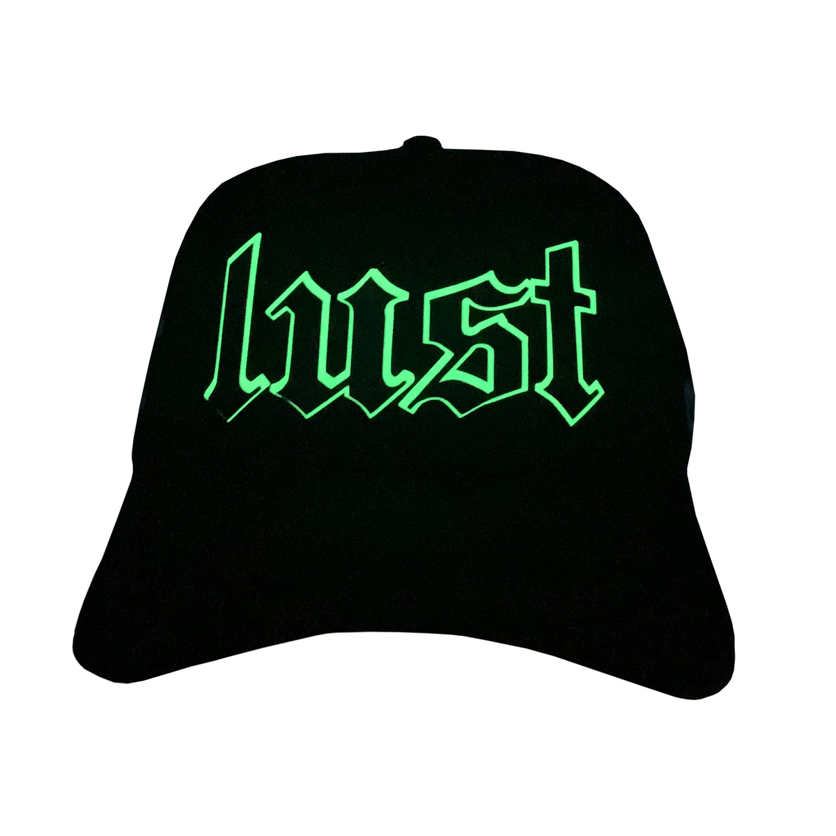 LUST trucker hat logo glowing in the dark at night