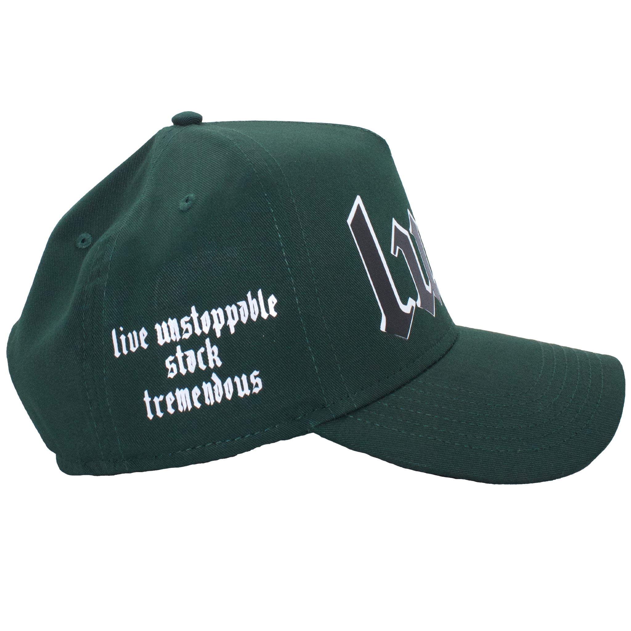 Right of Dark Green premium 5-panel trucker hat with 'LUST' acronym  on the right side.
