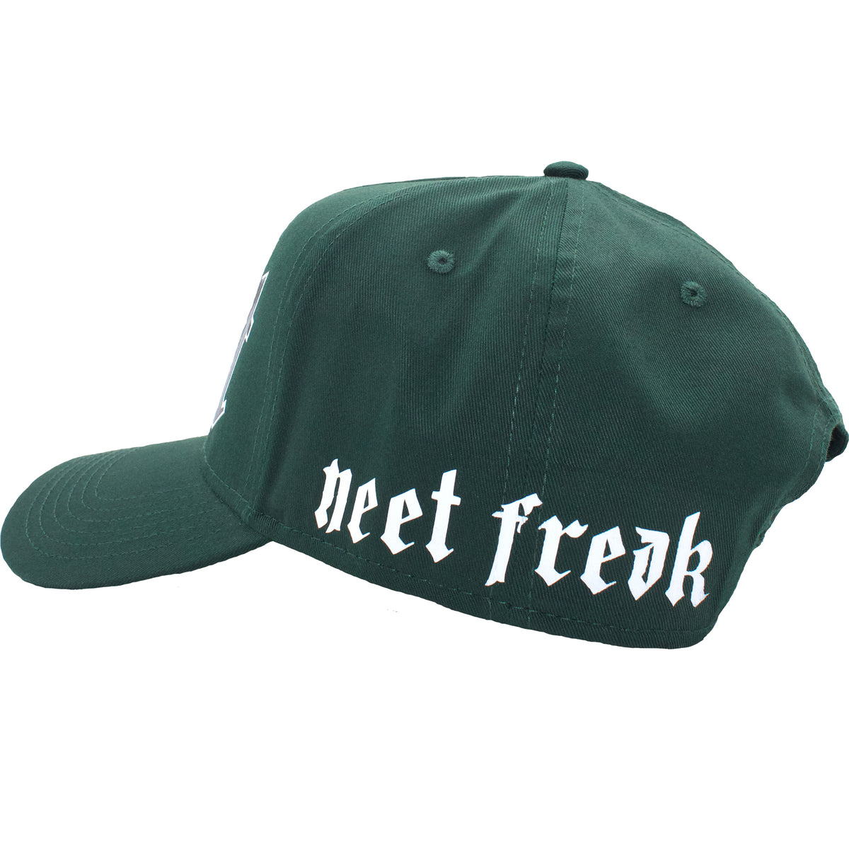 Left side of dark green trucker hat with Neet Freak logo