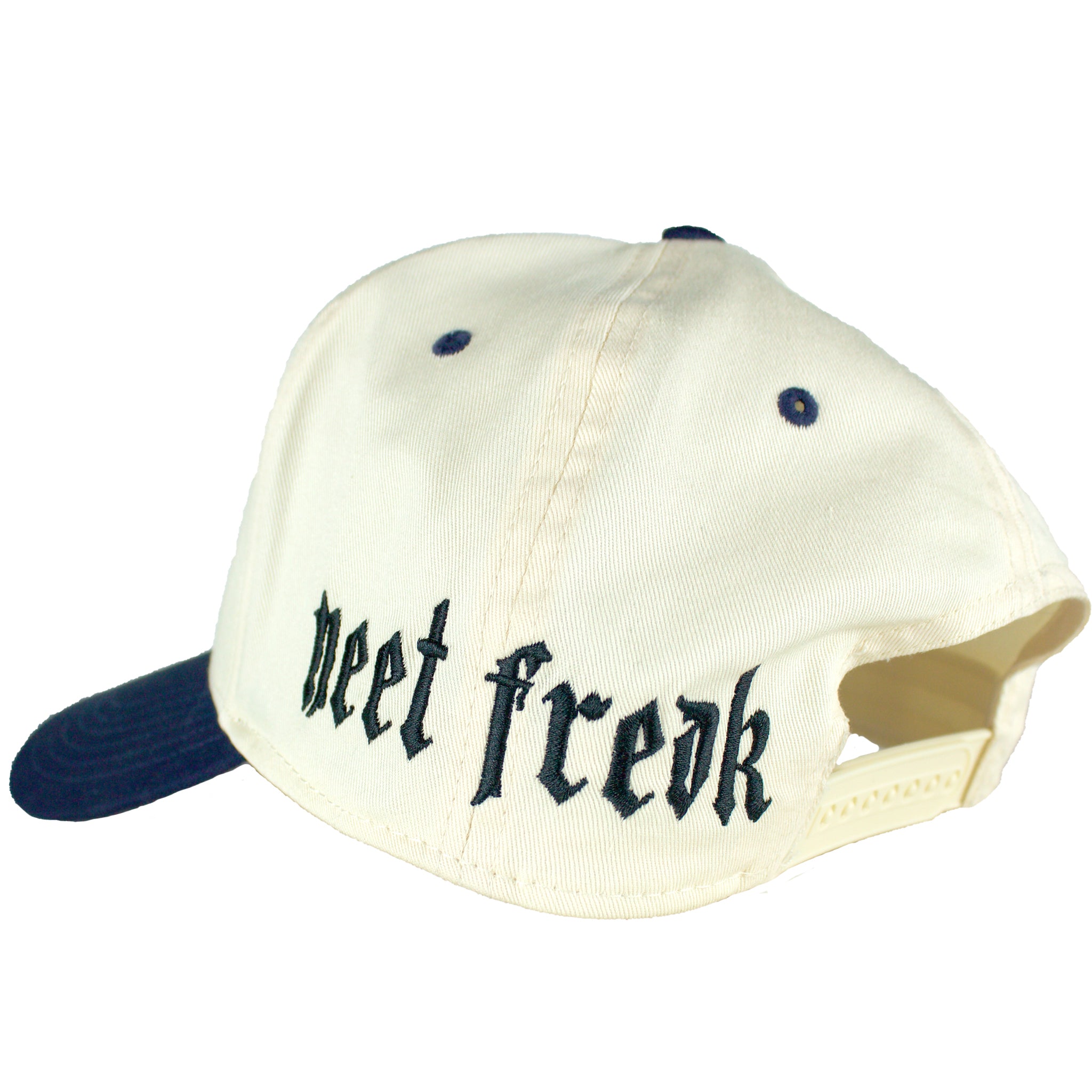 Left side view of Premium blue and natural (beige) trucker hat with blue embroidered 'LUST' logo, meaning Live Unstoppable, Stack Tremendous.