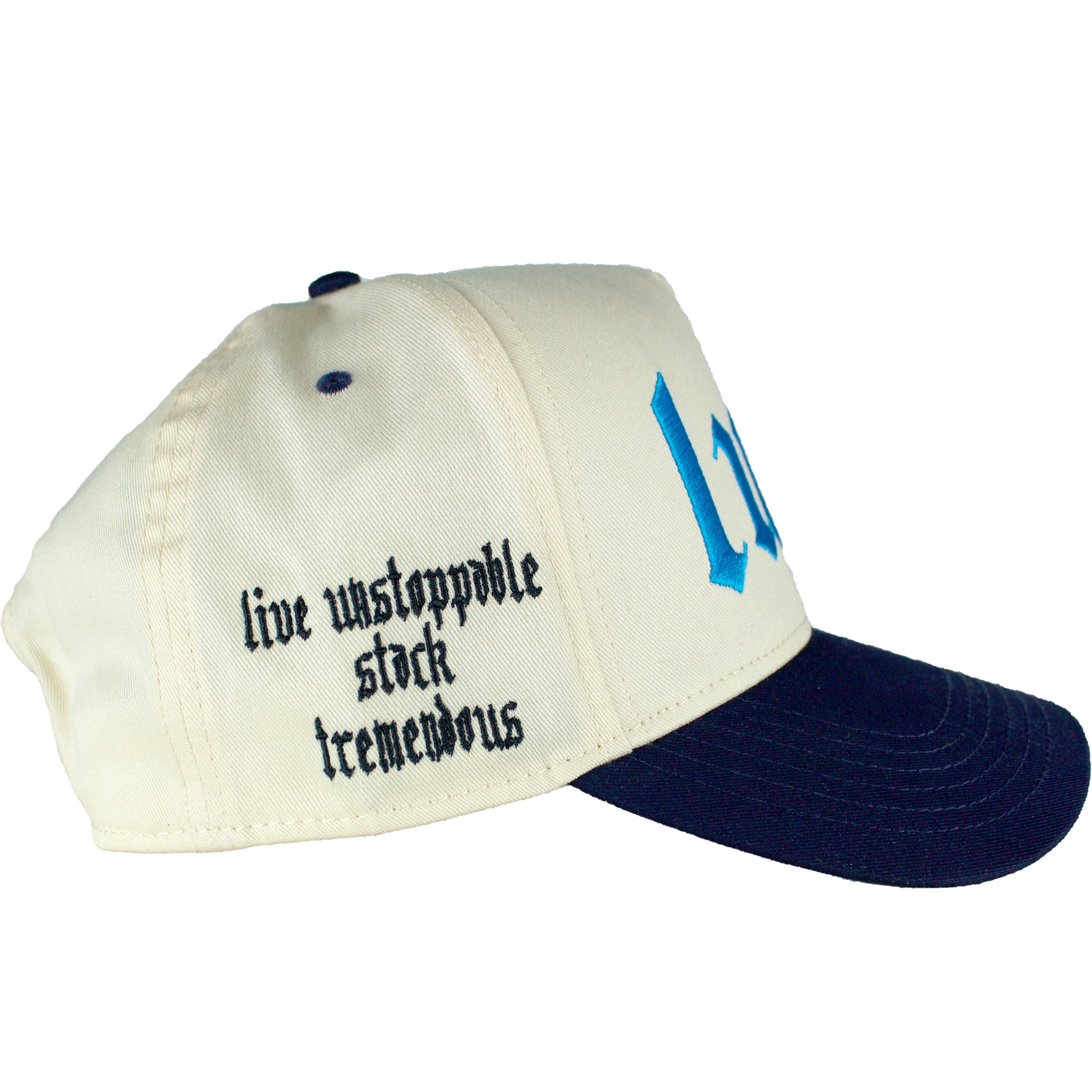 Right Side of Premium blue and natural (beige) trucker hat with Blue embroidered 'LUST' logo, meaning Live Unstoppable, Stack Tremendous.