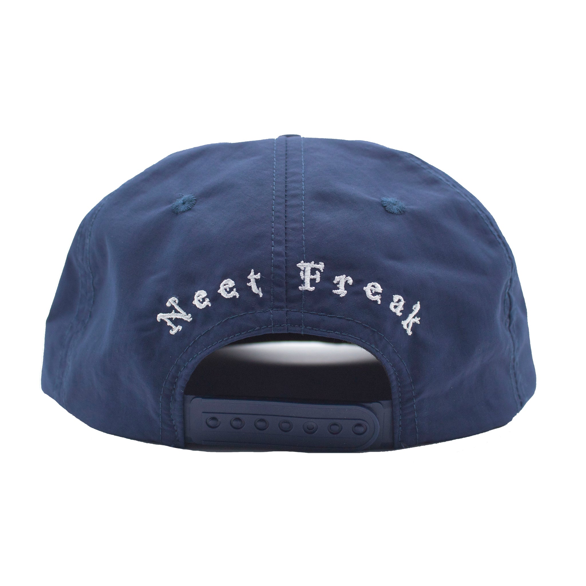 Back of Navy blue 100% nylon unstructured snapback hat featuring a subtle, embroidered 'NF' logo on the front.