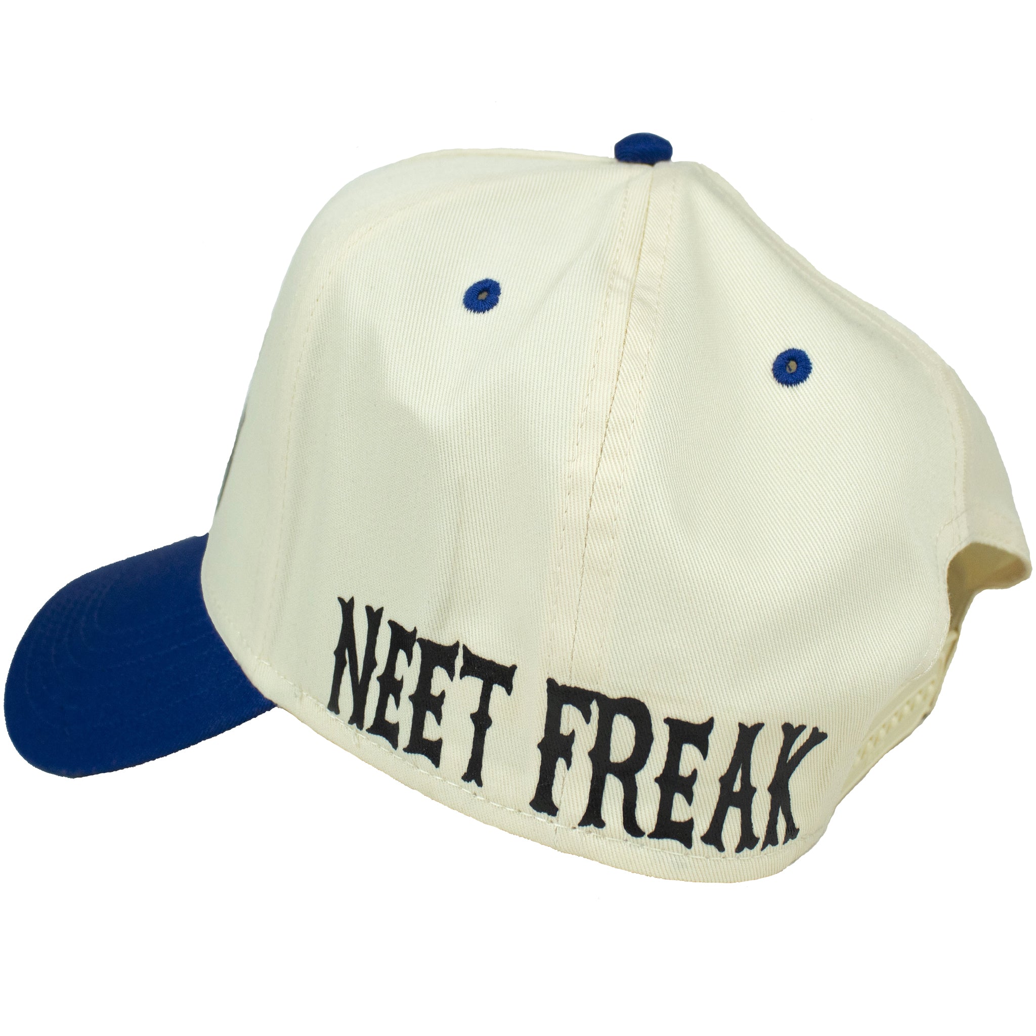 Left of Premium natural and royal blue trucker hat with Black printed 'OCD' acronym, standing for Obsessive Clothing Disorder.