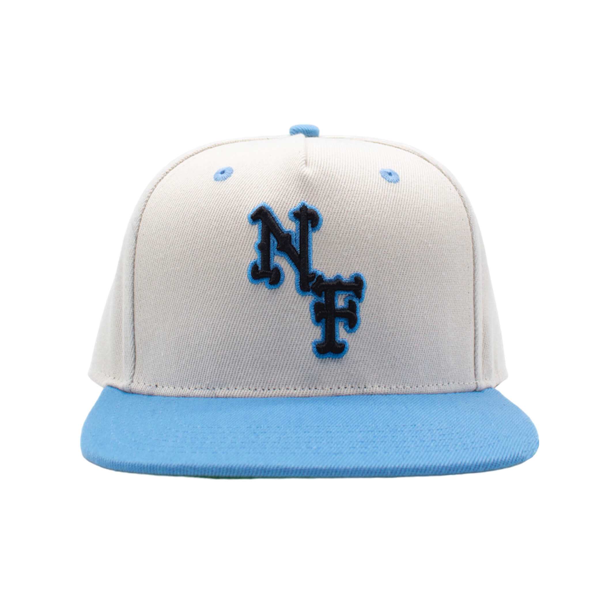 Blue premium high-profile hat with 3D embroidery, a green under-brim, a navy blue satin lining for hair protection, and an adjustable leather strap.