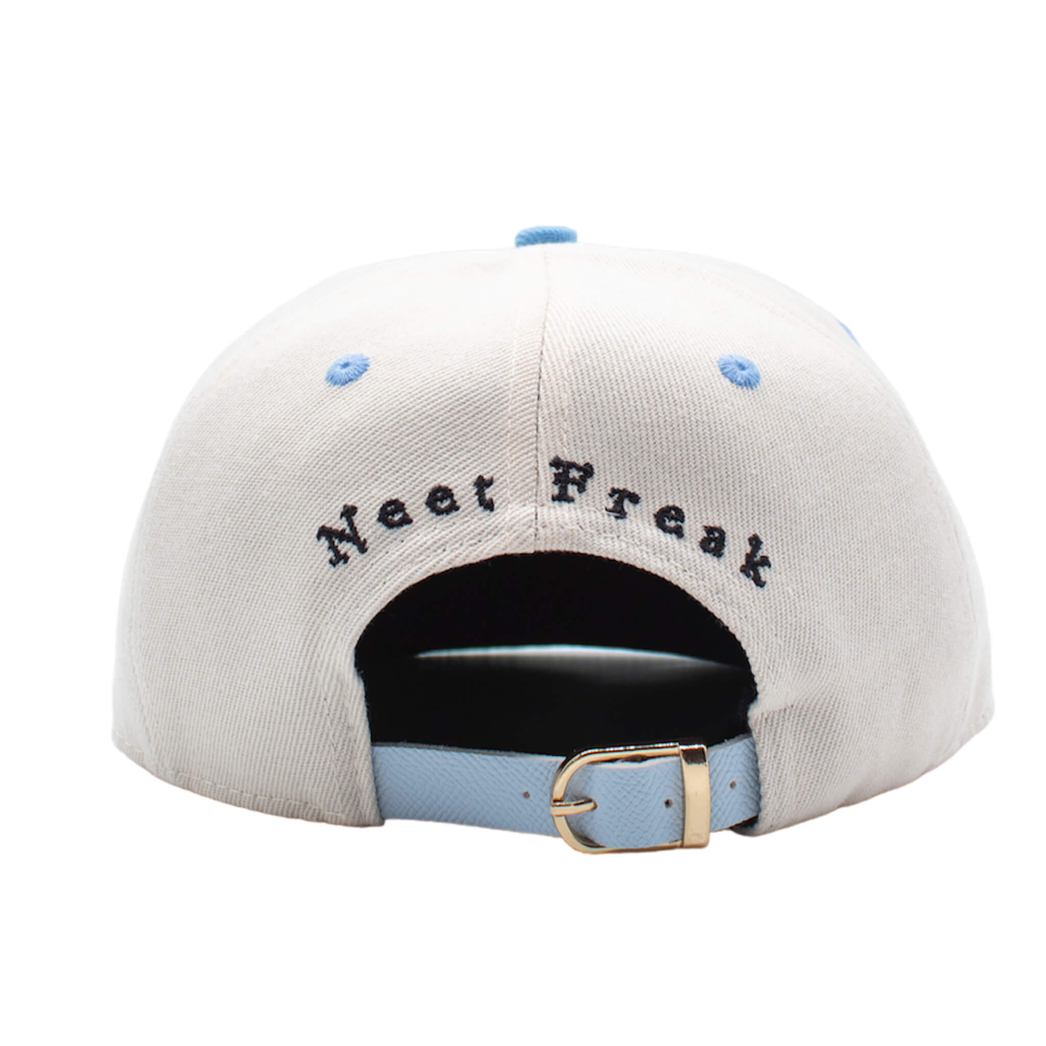 Back of Blue premium high-profile hat with 3D embroidery, a green under-brim, a navy blue satin lining for hair protection, and an adjustable leather strap.
