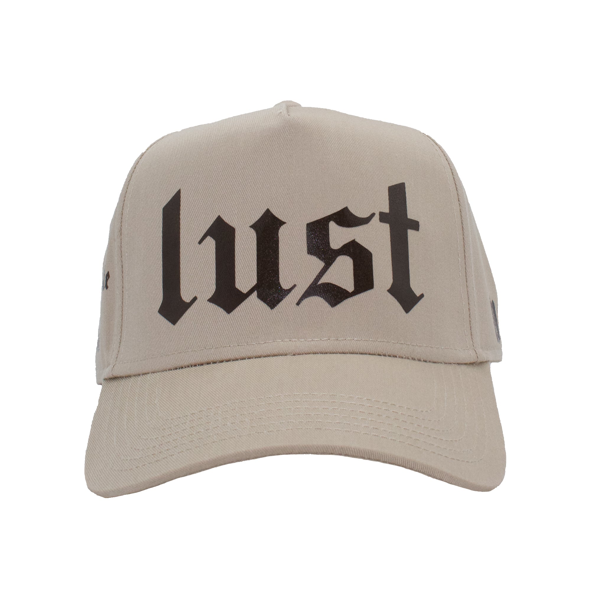 Front of Tan and brown premium 5-panel trucker hat with the 'LUST' logo on the front panel.