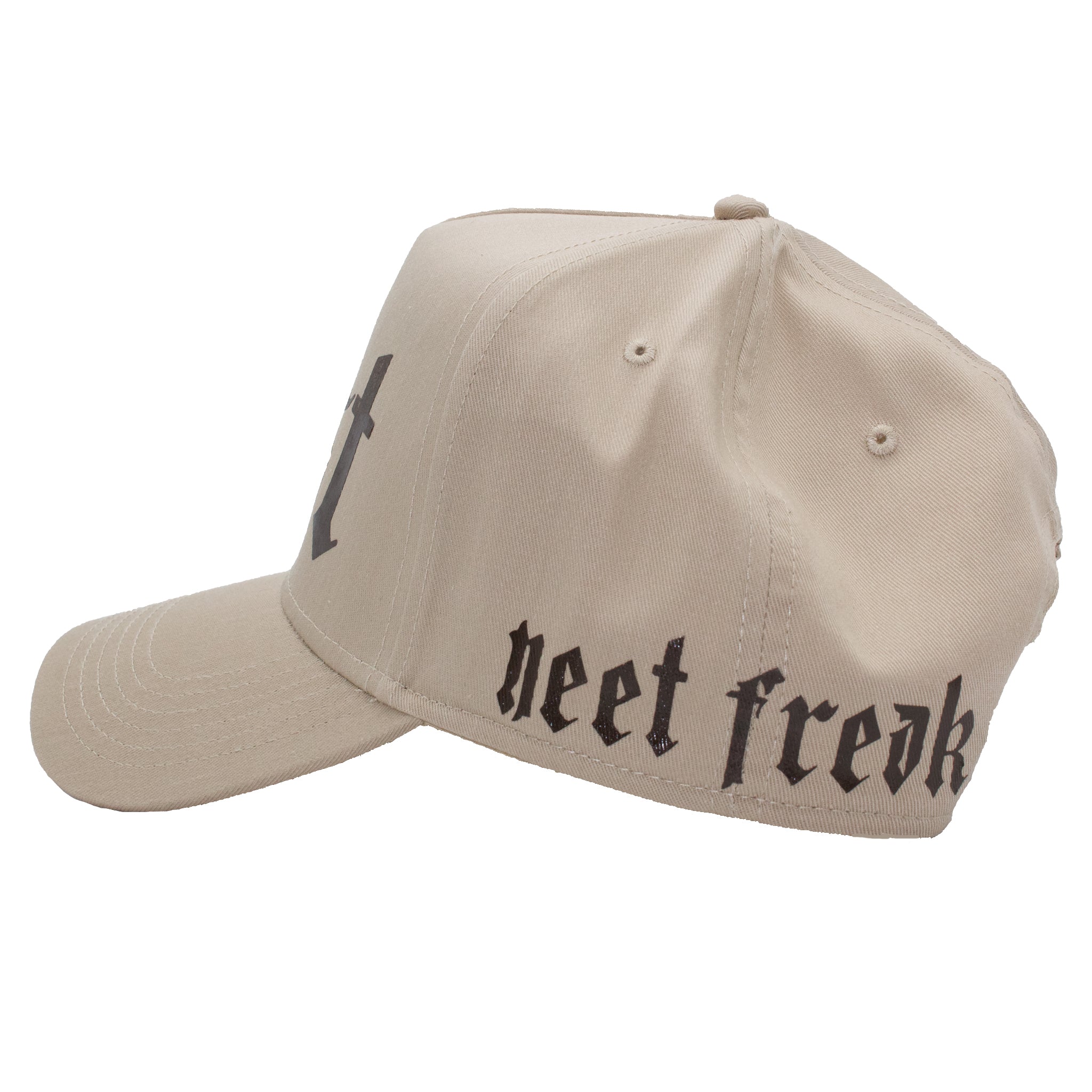 Left side of Tan and brown premium 5-panel trucker hat with Neet Freak logo on the left.