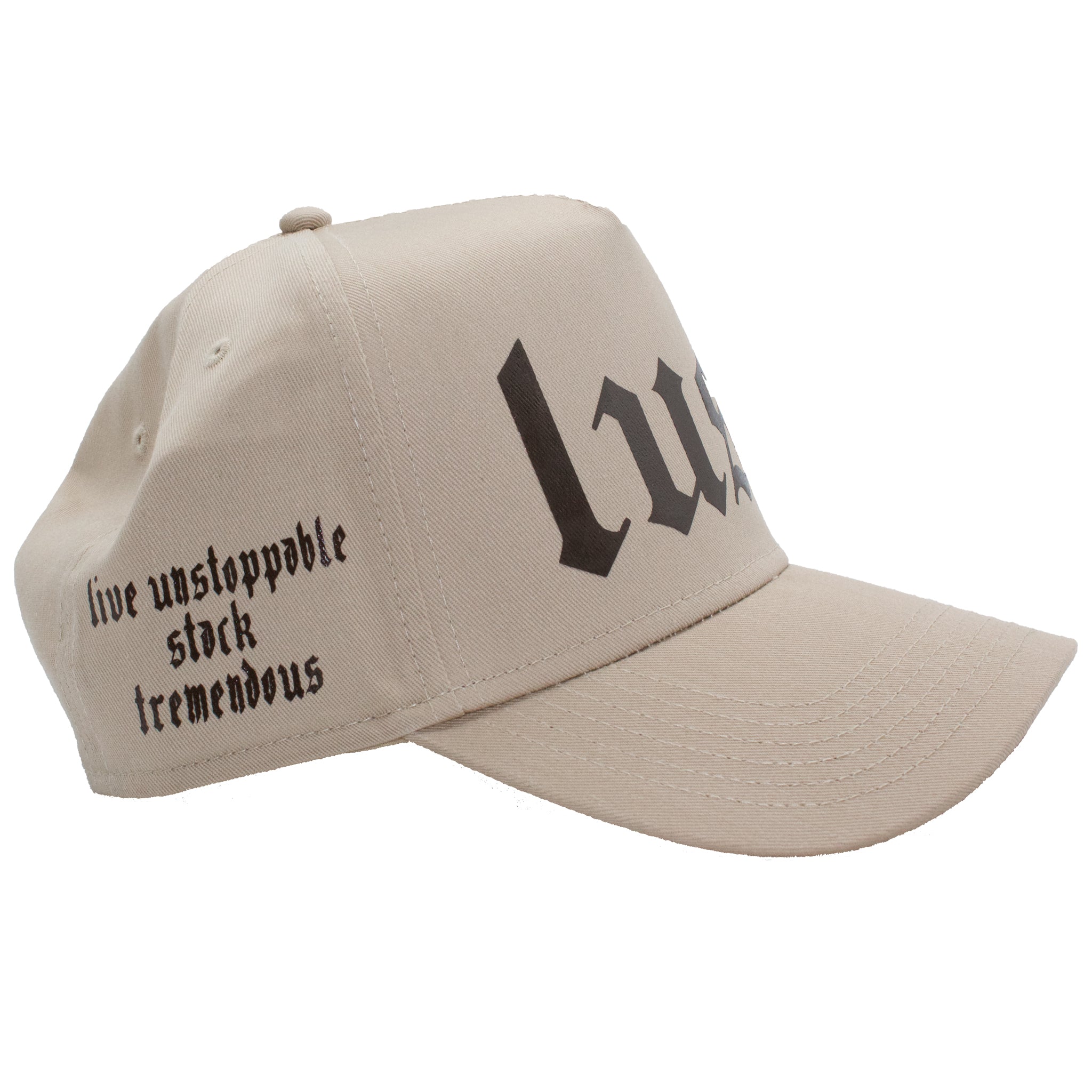 Right side of Tan and brown premium 5-panel trucker hat with the 'LUST' acronym on the right side.