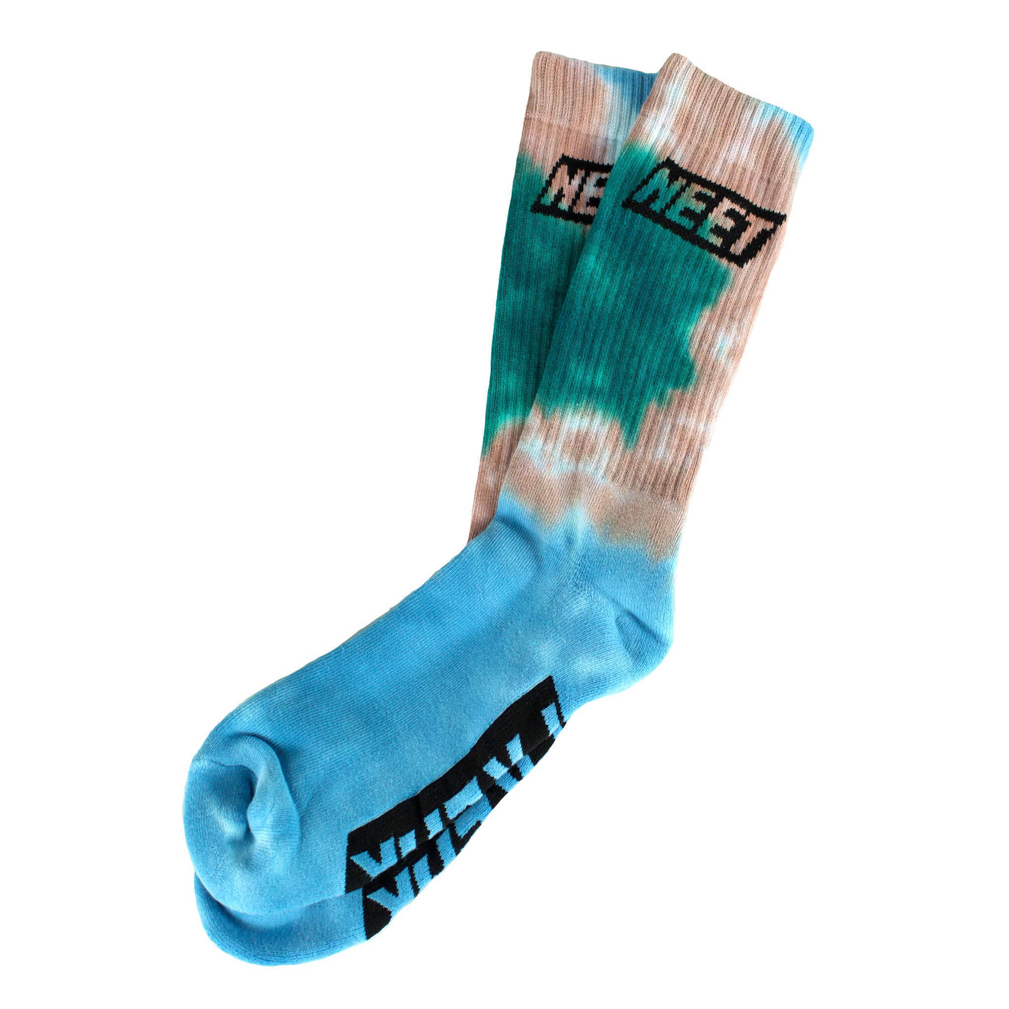 Close-up view of the Neet logo stitched on the side of the men's tie-dye socks, showcasing cotton texture.